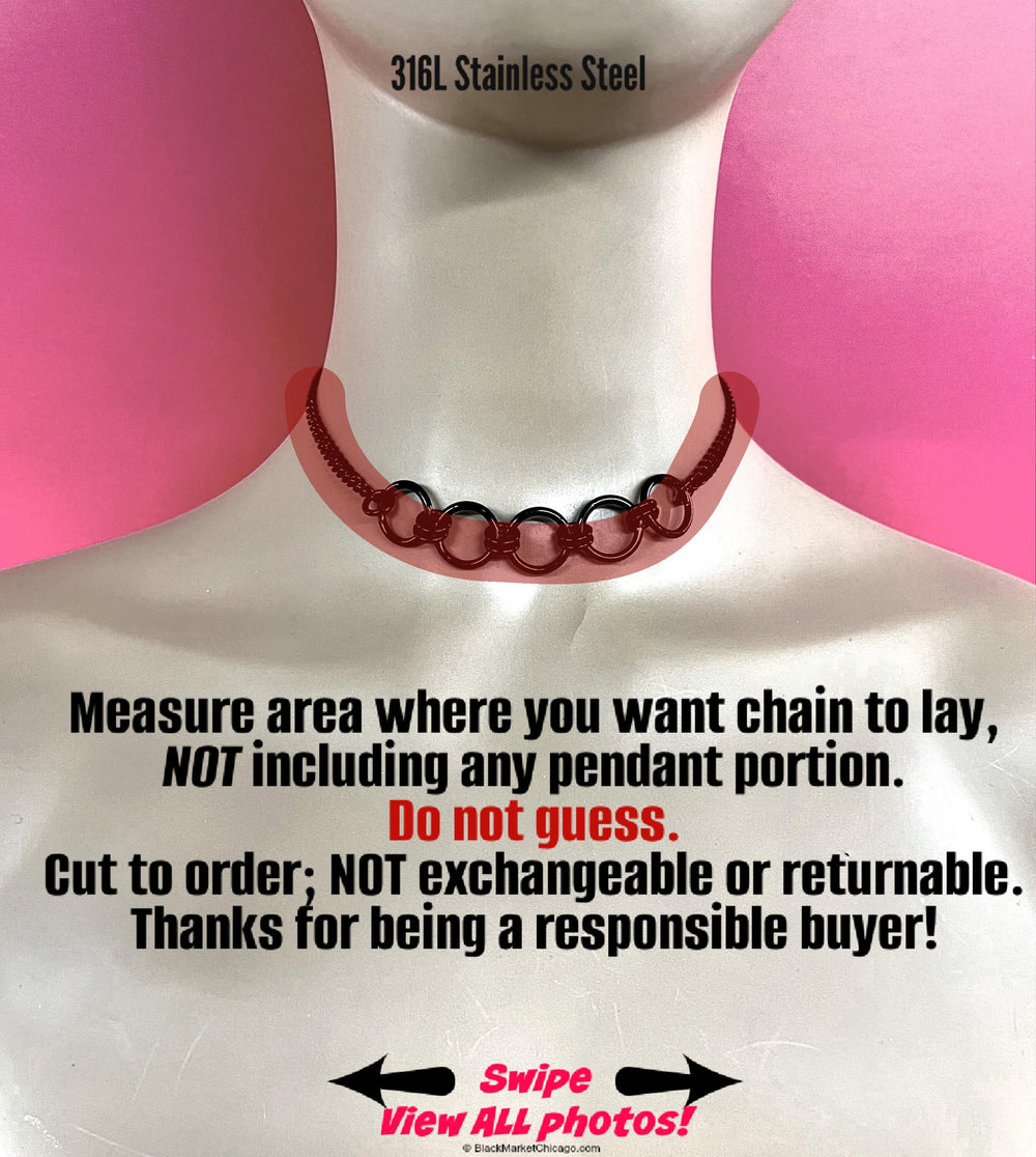 Permanently Locking Sub Day Collar or Mistress Necklace, Poly Family, BLACK Stainless Steel Chain, 24/7 Wear