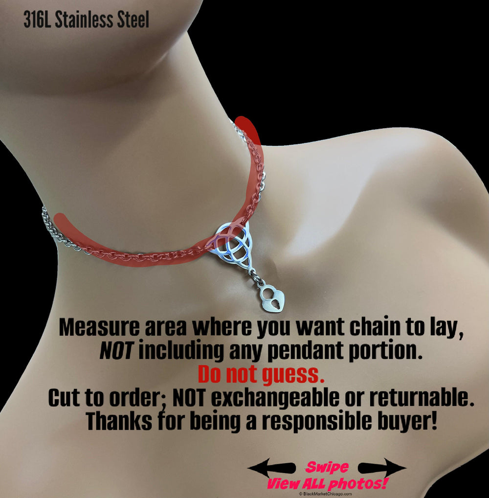 Sub Day Collar, Triquetra w Faux Padlock, Permanently Locking Option