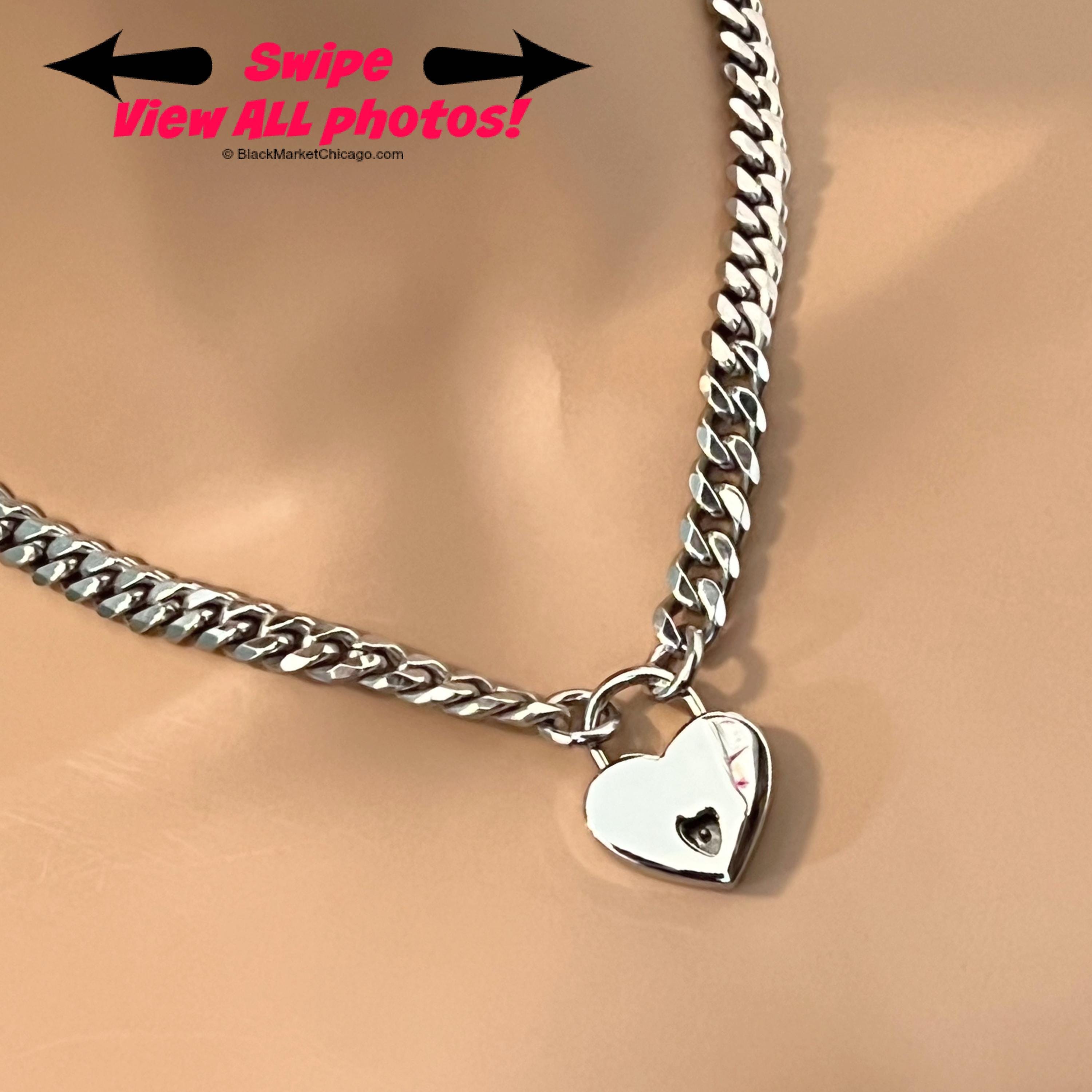 Discrete Chain & Padlock Day Collar SILVER 316L Stainless Steel w Small Nickel HEART Locking Slave Choker or Necklace