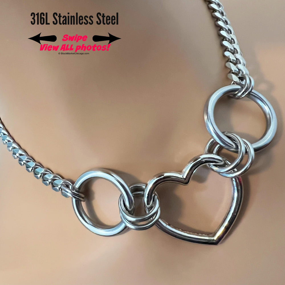 Chunky Grunge Stainless Steel Choker, 24/7 Waterproof, Heart, Rings, Permanent Clasp Option