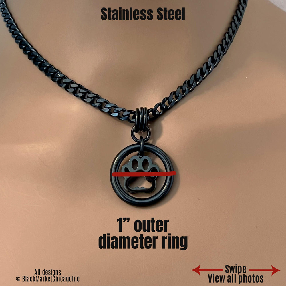 O-Ring Day Collar, Kitten Puppy Paw Pendant, 24/7, BLACK Stainless Steel
