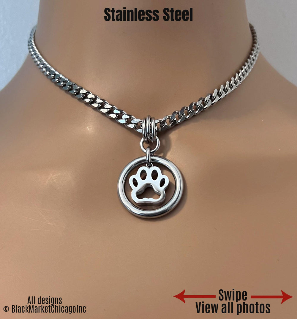 O-Ring Day Collar, Kitten Puppy Paw, 24/7, Silver Stainless Steel