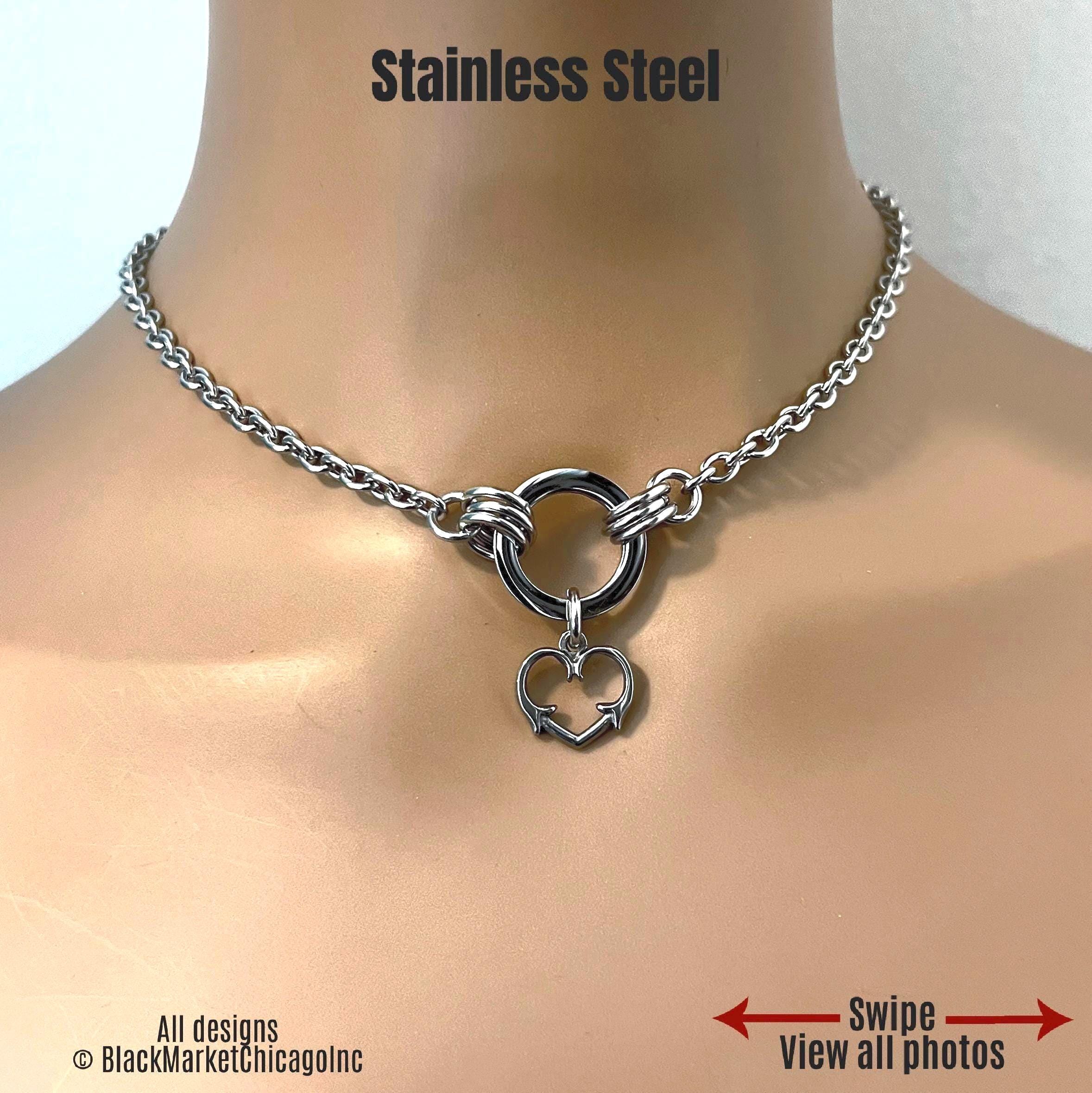 Sub Day Collar, Thorny Heart + Ring, 24-7, Locking OPTION, Stainless Steel