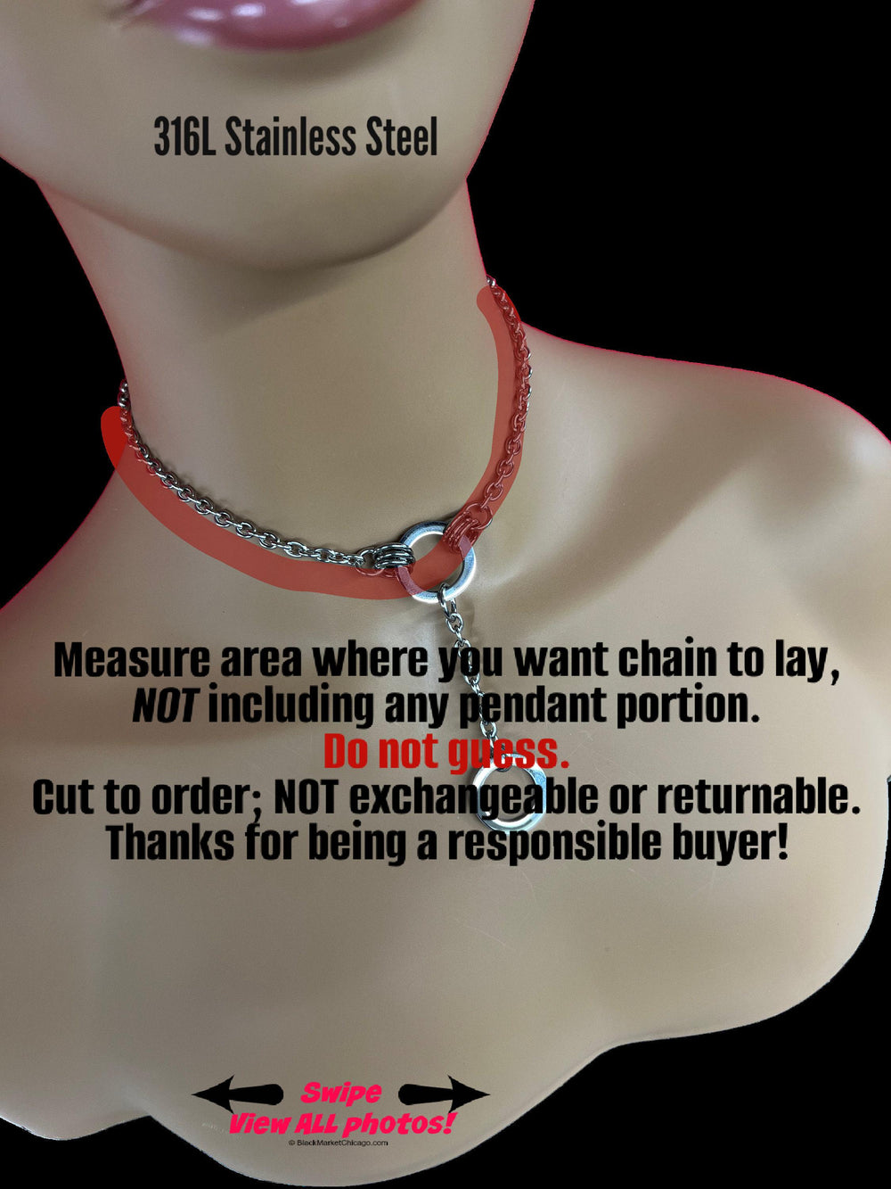 Discreet Submissive Day Collar, O-Ring with Extension Pendant, 24-7 Wear, Permanent Locking OPTION, Stainless Steel