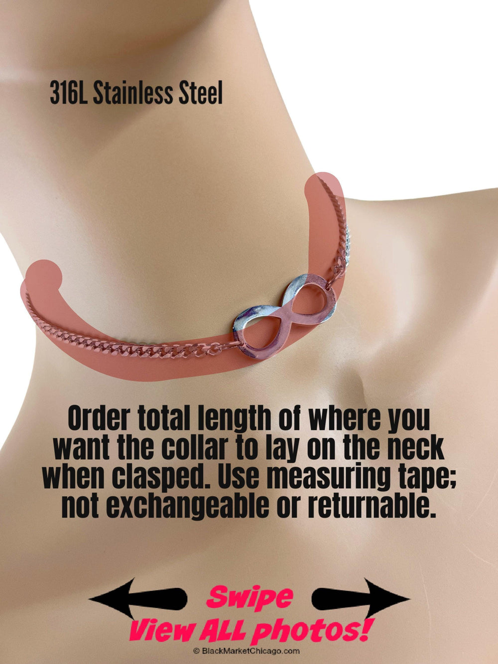 Infinity Sub Day Collar, Petite Curb Chain, Stainless Steel, 24/7 Waterproof, Permanent Locking option