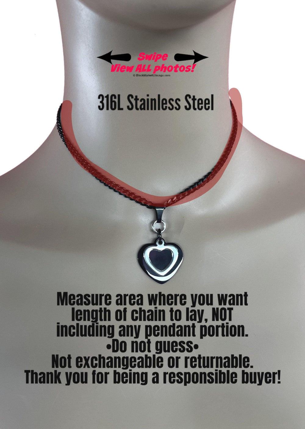 Submissive Day Collar Heart Choker 2-Tone Layered Black & Silver 24/7 Wear Stainless Steel Curb Chain Necklace