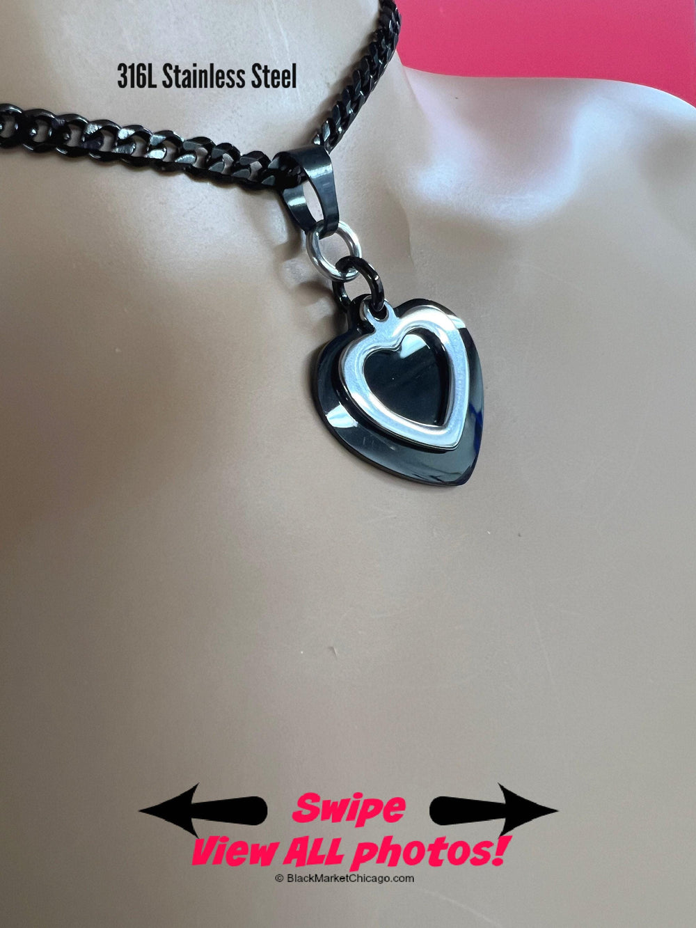 Submissive Day Collar Heart Choker 2-Tone Layered Black & Silver 24/7 Wear Stainless Steel Curb Chain Necklace