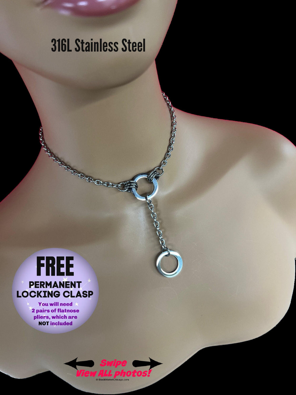 Discreet Submissive Day Collar, O-Ring with Extension Pendant, 24-7 Wear, Permanent Locking OPTION, Stainless Steel