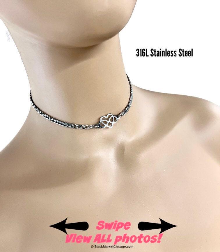 Polyamory Infinity in Heart, Discrete Day Collar Choker, Stainless Steel, Permanent 24/7 Locking Ring, Chain Necklace