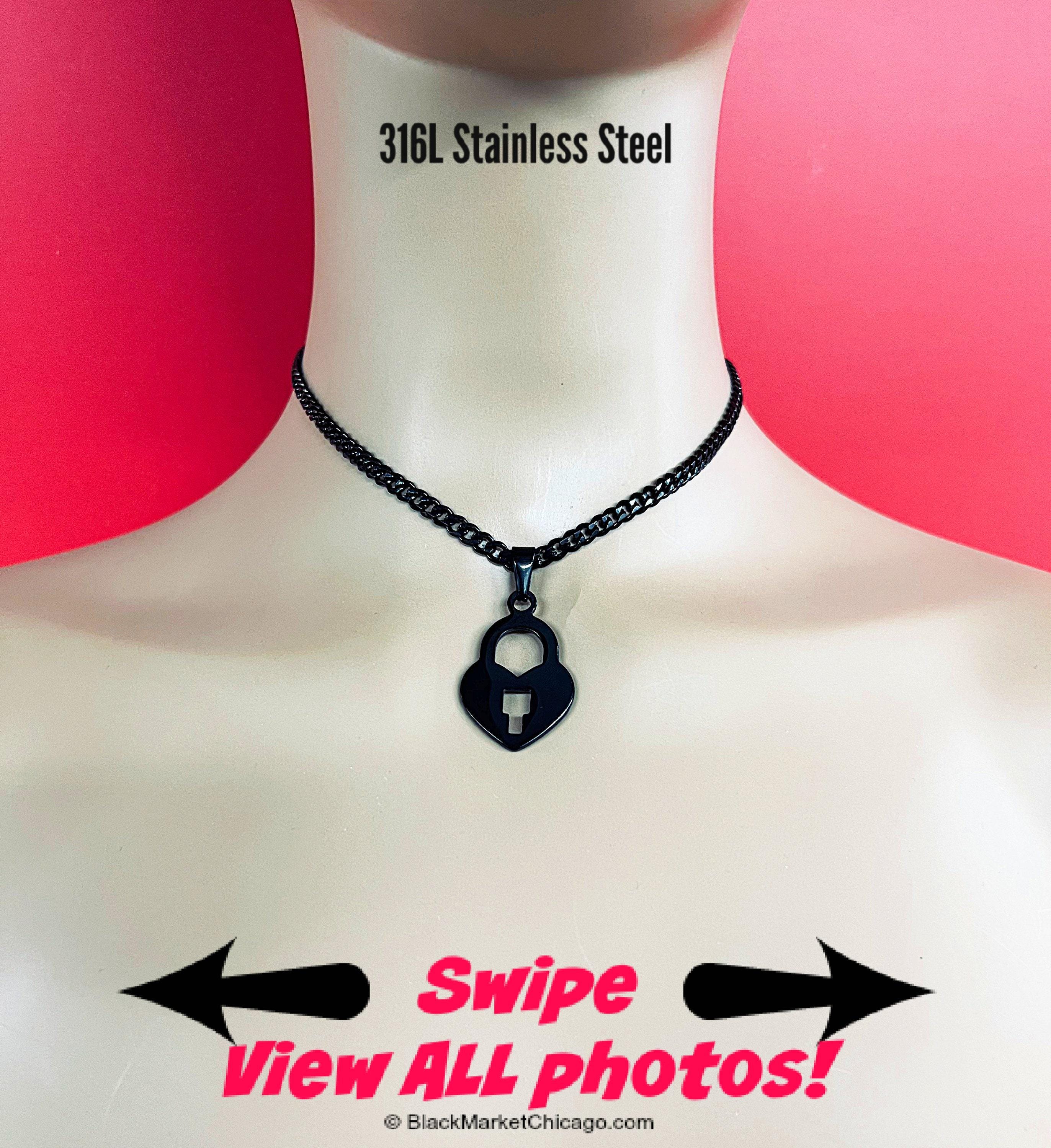 BDSM Submissive Day Collar or Mistress Necklace BLACK 316L Stainless Steel Faux Padlock Pendant