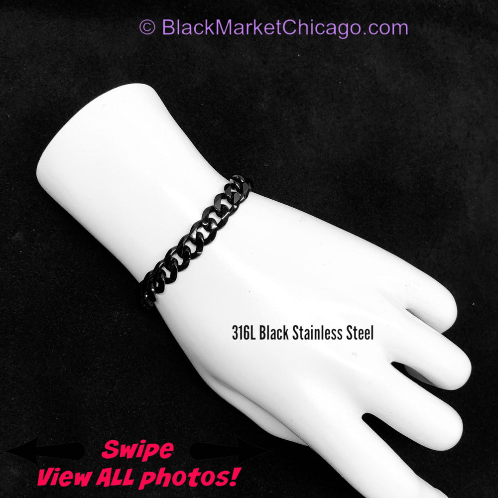Black Curb Chain Bracelet, All Stainless Steel, 24/7 wear, Permanent lock option