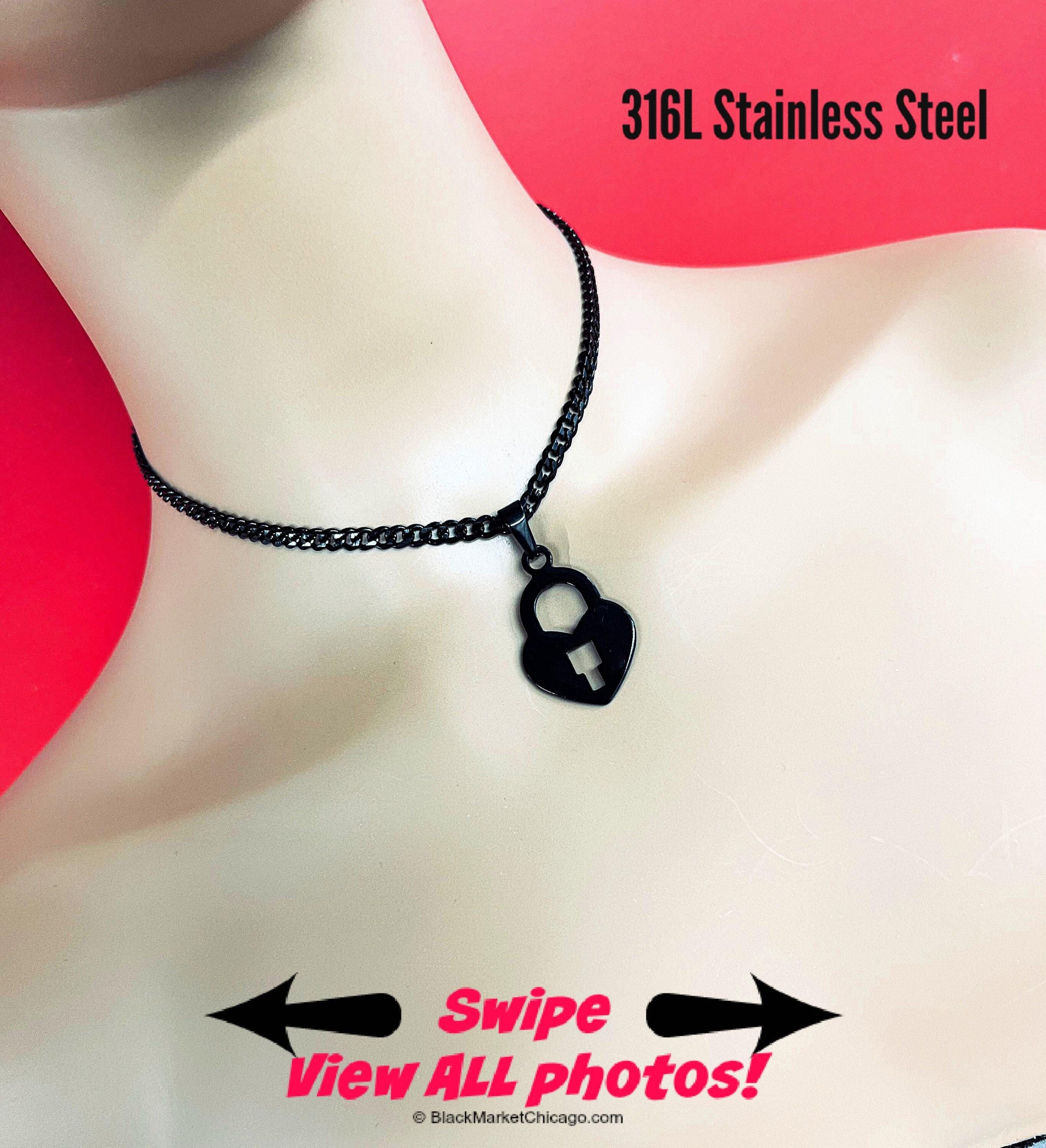 BDSM Submissive Day Collar or Mistress Necklace BLACK 316L Stainless Steel Faux Padlock Pendant