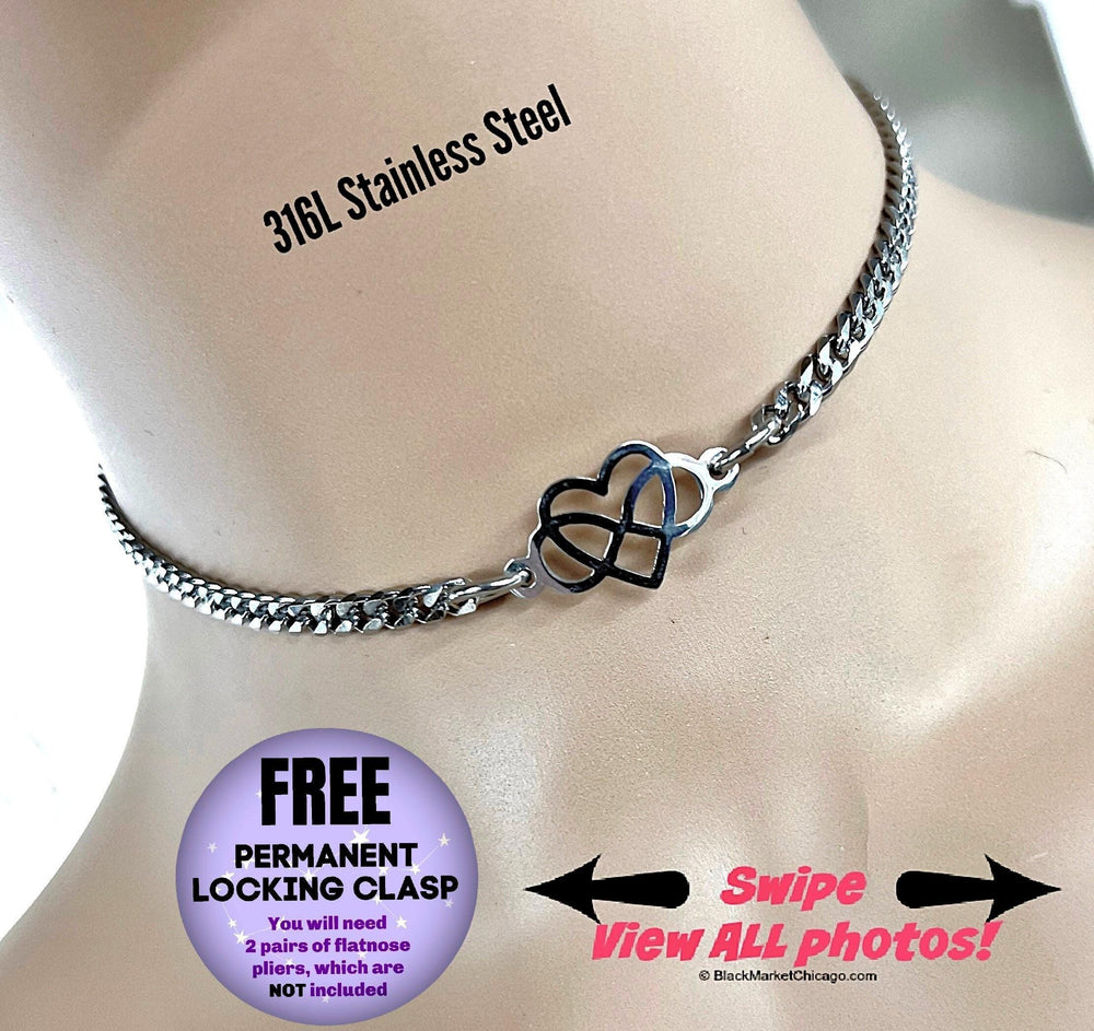 Polyamory Infinity in Heart, Discrete Day Collar Choker, Stainless Steel, Permanent 24/7 Locking Ring, Chain Necklace