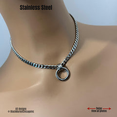 Day Collar, Minimalist Discreet, O-Ring, Silver Stainless Steel Curb Chain, 24-7