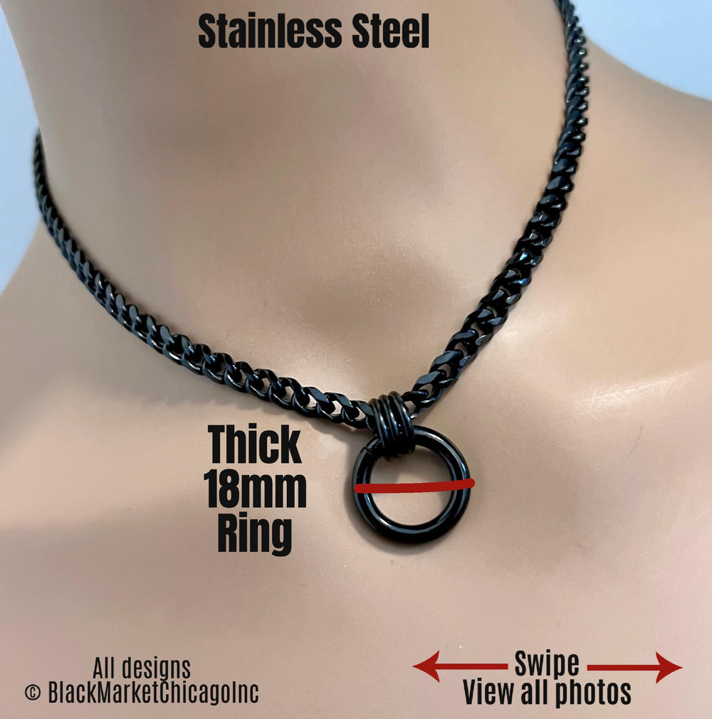 Day Collar, Minimalist Discreet, O-Ring, Black Stainless Steel Curb Chain, 24-7