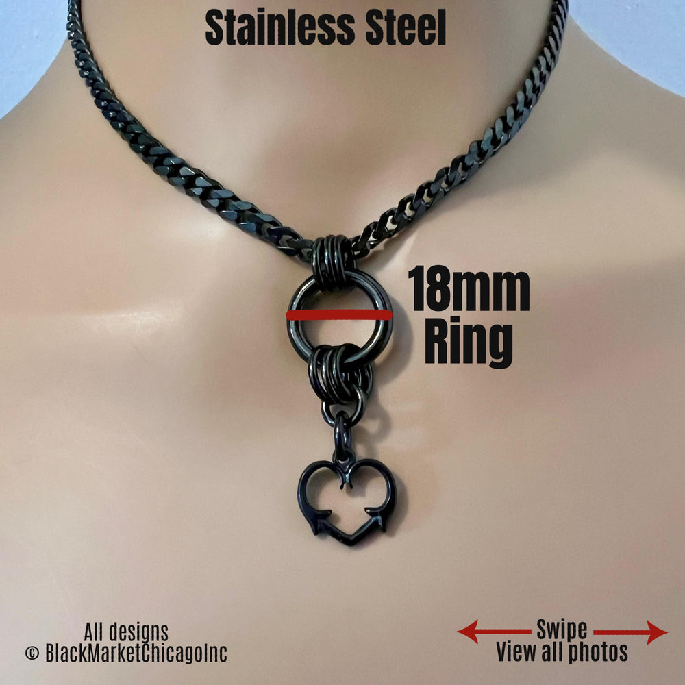 Day Collar, O-Ring & Thorny Heart, BLACK Stainless, 24/7 Lockable