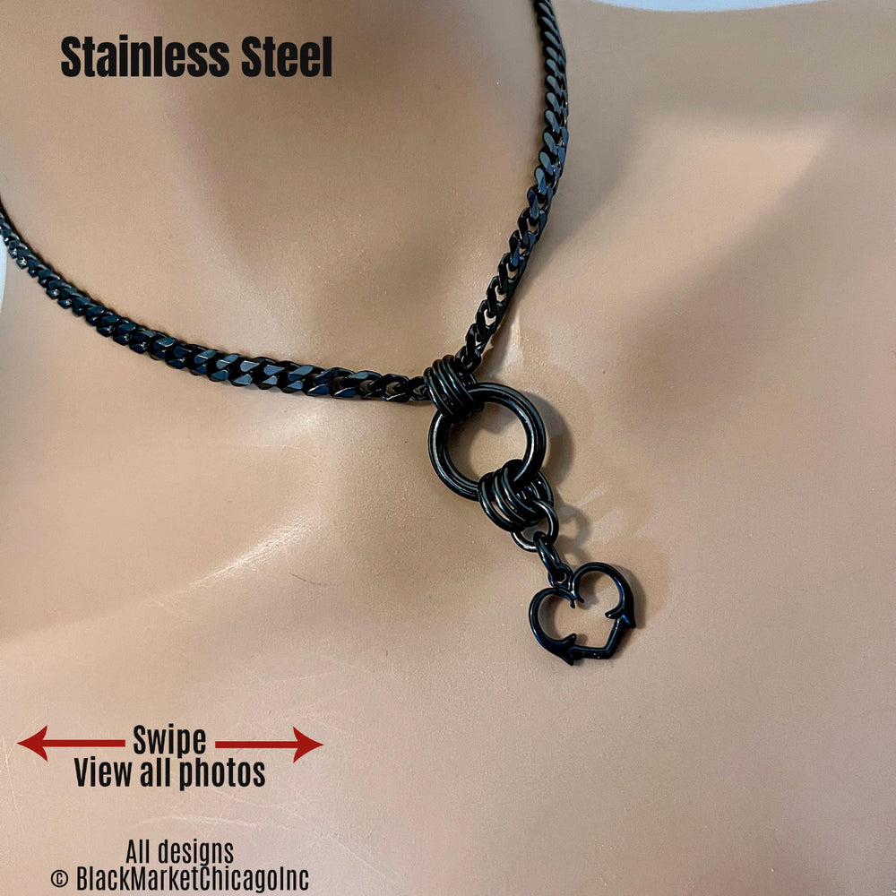 Day Collar, O-Ring & Thorny Heart, BLACK Stainless, 24/7 Lockable