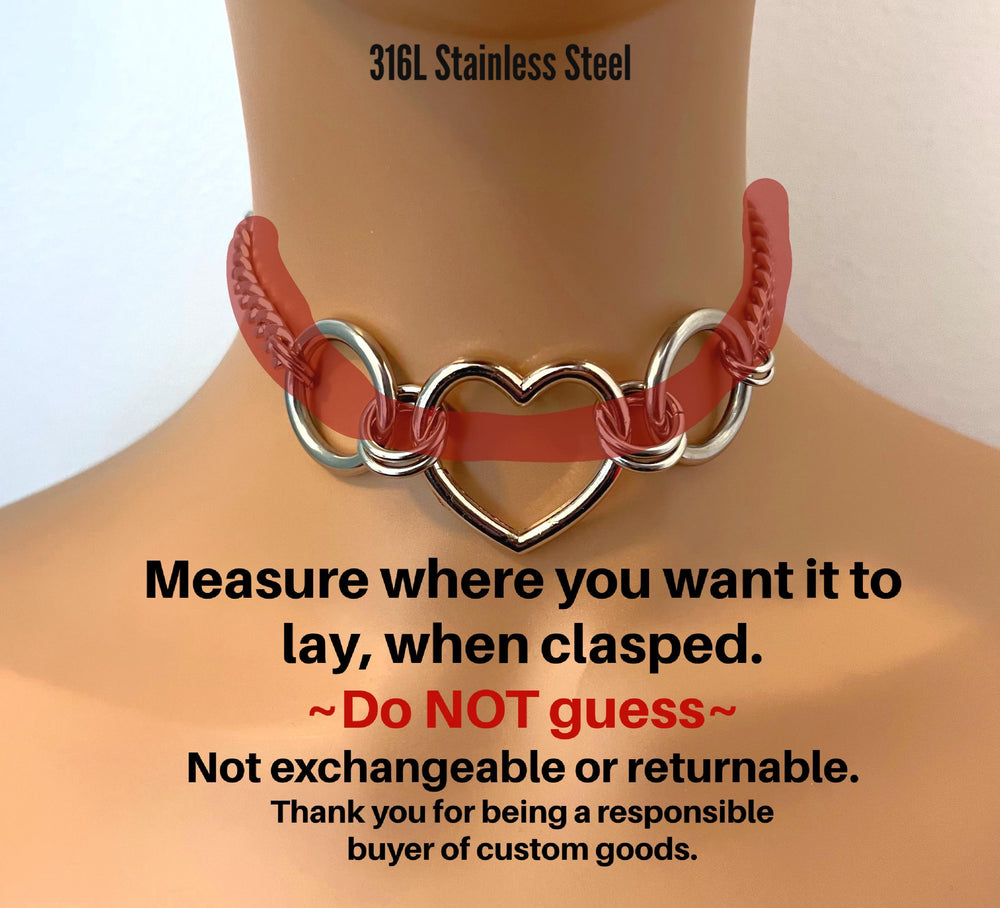 Chunky Grunge Stainless Steel Choker, 24/7 Waterproof, Heart, Rings, Permanent Clasp Option