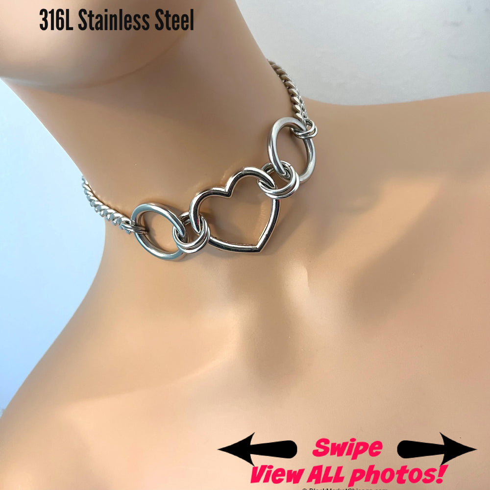 Chunky Grunge Stainless Steel Choker, 24/7 Waterproof, Heart, Rings, Permanent Clasp Option