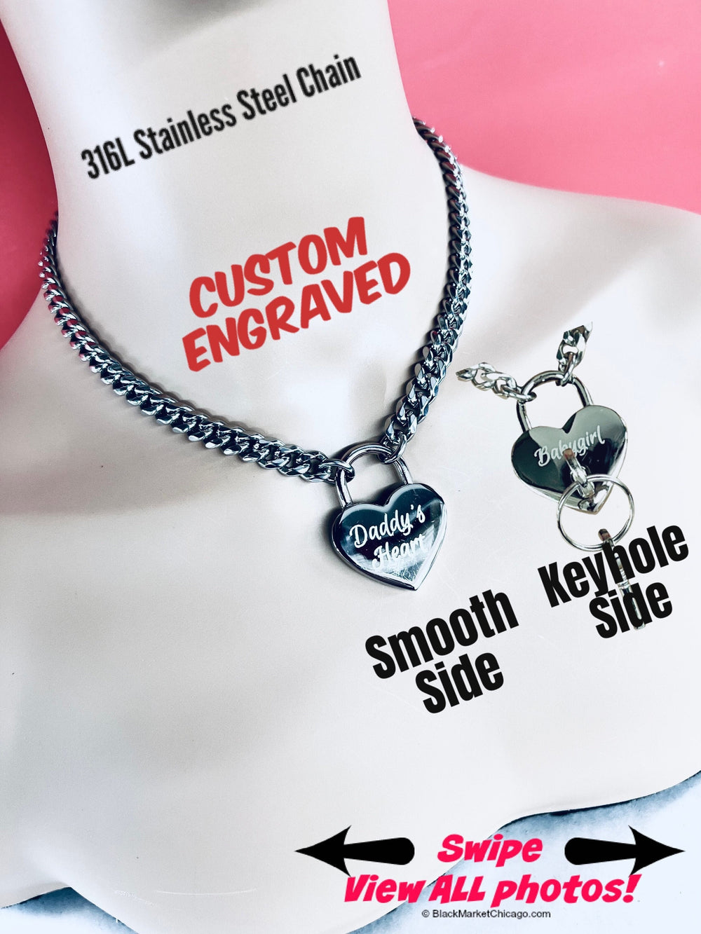 Custom Engraved Sub Day Collar, or Mistress Necklace, Polished Stainless Steel Chain, NICKEL Padlock