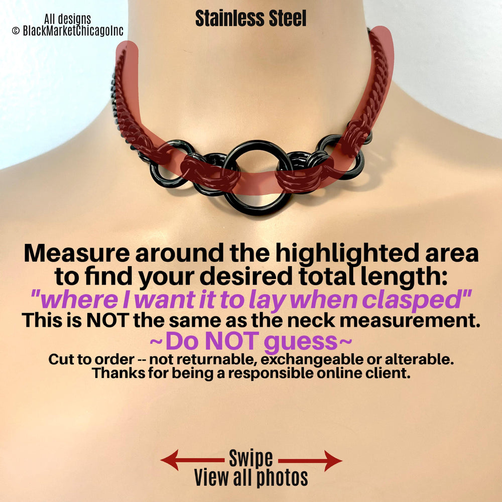 Heavy Metal BDSM Day Collar, Black Stainless Steel Chunky Chain, Lock Option