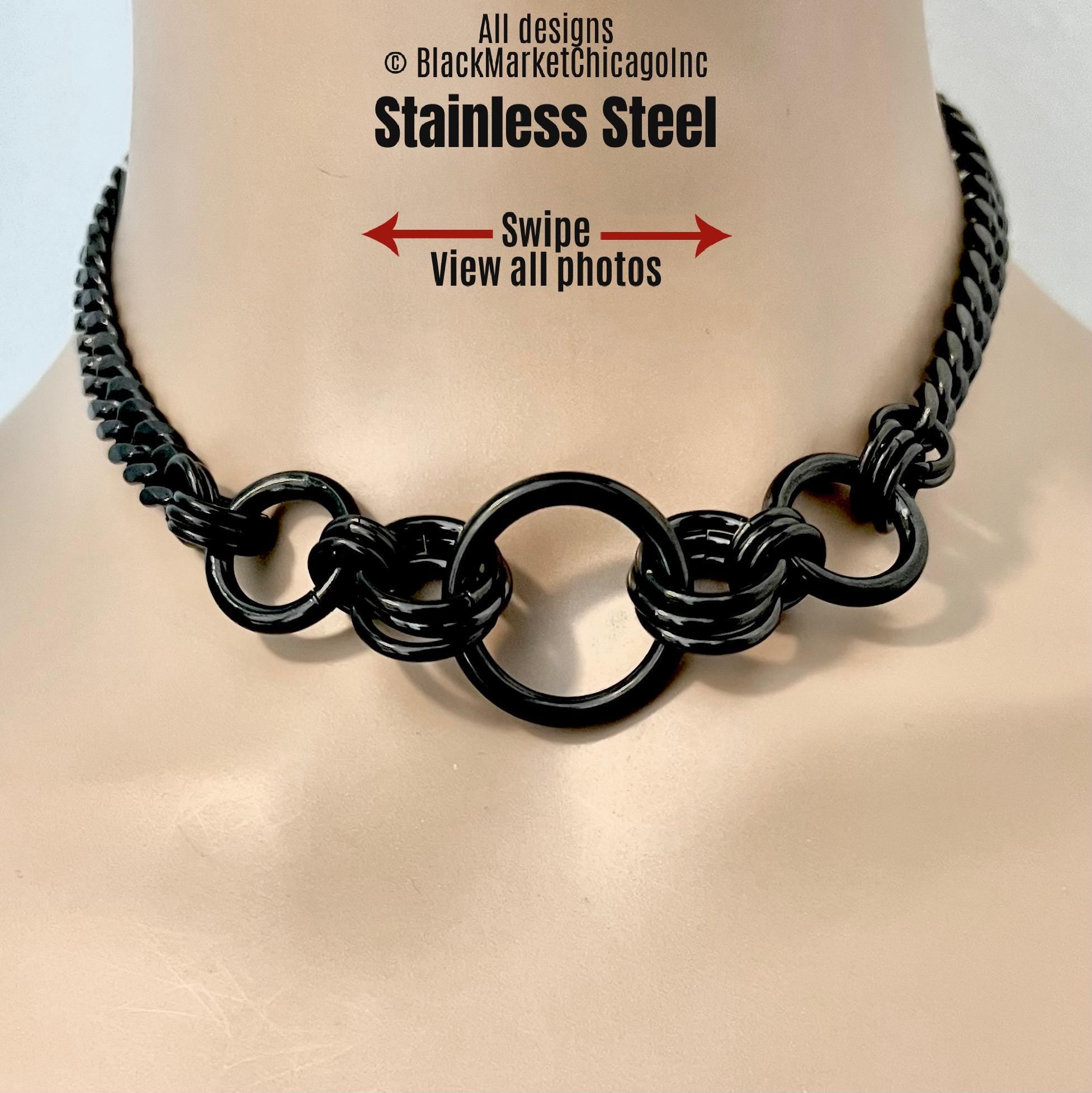 All black stainless steel, heavy duty BDSM edgy streetwear O-rings and chunky chain necklace choker, with lobster clasp or permanent locking closure.