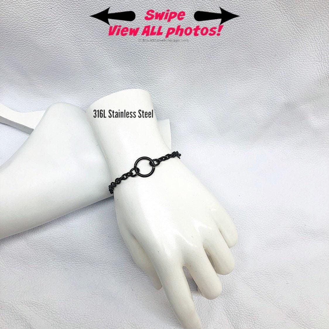 24/7 Wear Discreet Submissive Bracelet BLACK 316L Stainless Steel Dainty Petite Cable Chain and O-Ring