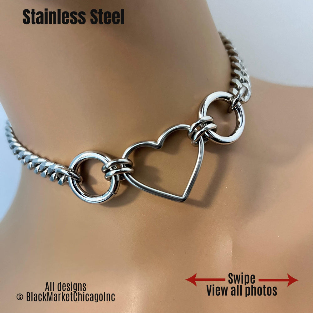 Sub Day Collar, Heart, 2 Rings, Chain, ALL Stainless Steel, Choker Collar Necklace, Waterproof Lock option