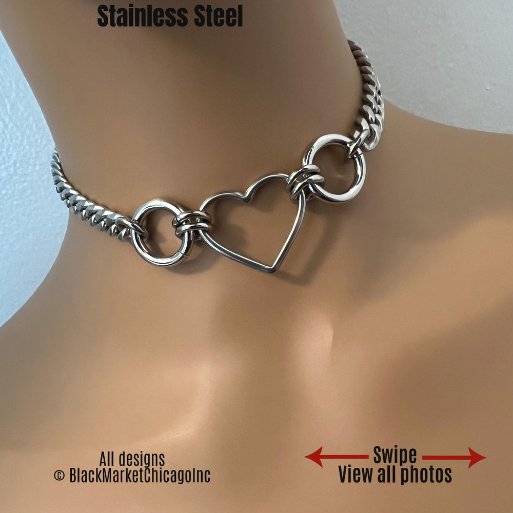 Sub Day Collar, Heart, 2 Rings, Chain, ALL Stainless Steel, Choker Collar Necklace, Waterproof Lock option