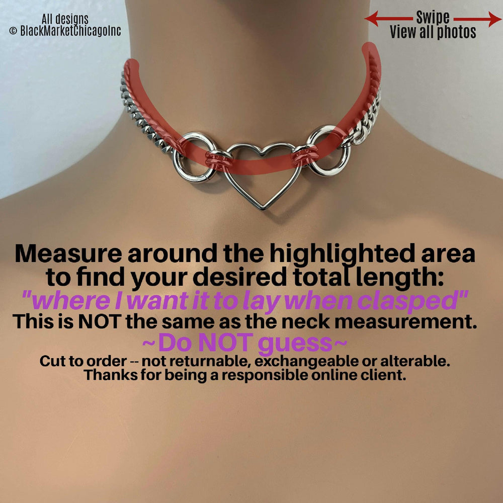 Sub Day Collar, Heart, 2 Rings, Chain, ALL Stainless Steel, Choker Collar Necklace, Waterproof Lock option