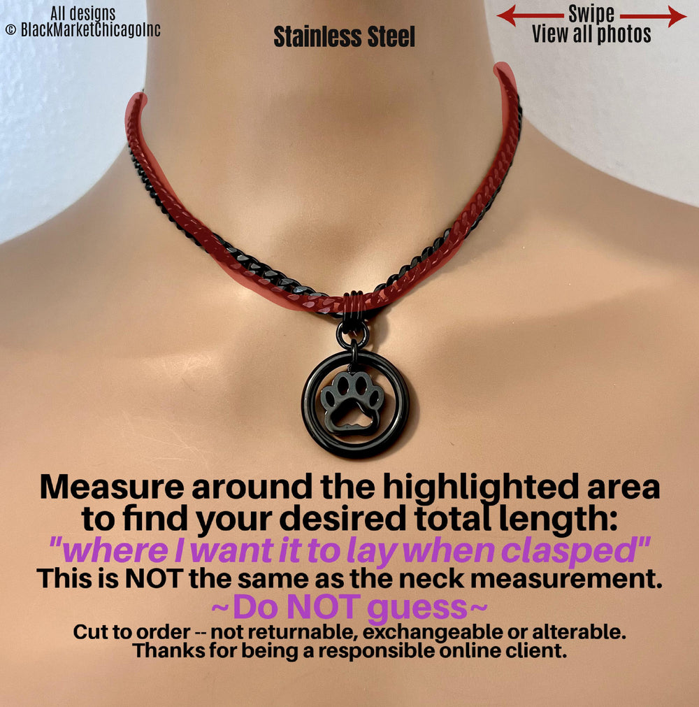 O-Ring Day Collar, Kitten Puppy Paw Pendant, 24/7, BLACK Stainless Steel