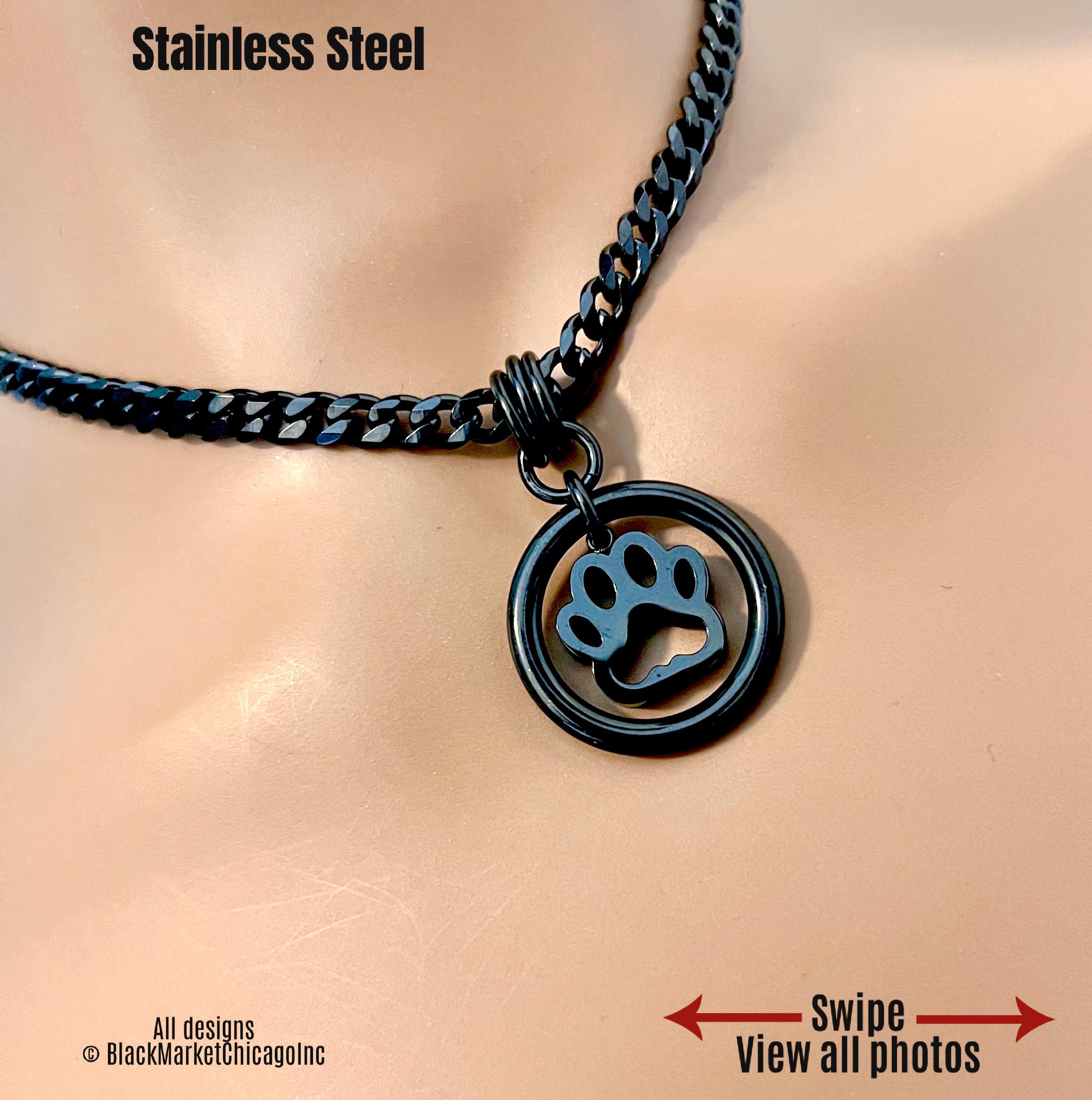 O-Ring Day Collar, Kitten Puppy Paw Pendant, 24/7, BLACK Stainless Steel