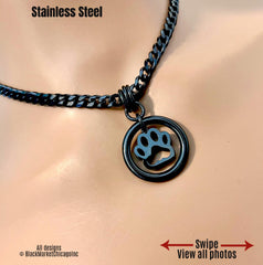 O-Ring Day Collar, Kitten Puppy Paw Pendant, 24/7, BLACK Stainless Steel