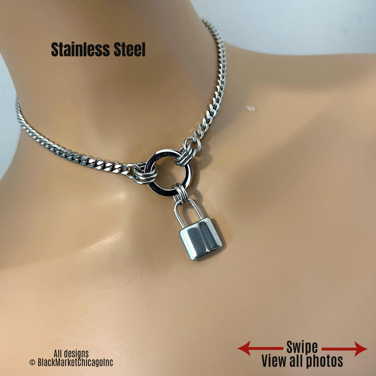 Day Collar, O-Ring & Padlock Charm, 24-7, All Stainless Steel