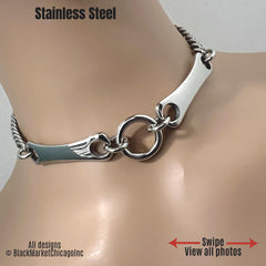 BDSM day collar; all stainless steel; thick center o-ring 18mm diameter with shiny side stablizing bars (may be engraved for an extra fee; inquire before ordering); 24/7 wear; waterproof; lobster clasp or locking ring closure.