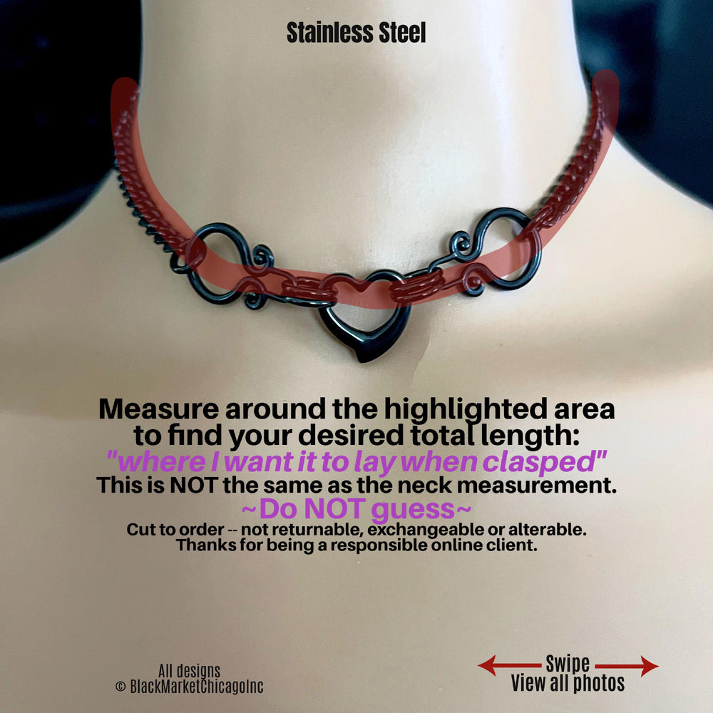 Goth Day Collar, Ornate BLACK Stainless Steel, Heart, 24/7, Locking Ring Option