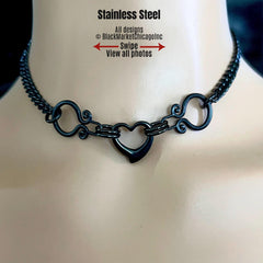 Goth Day Collar, Ornate BLACK Stainless Steel, Heart, 24/7, Locking Ring Option