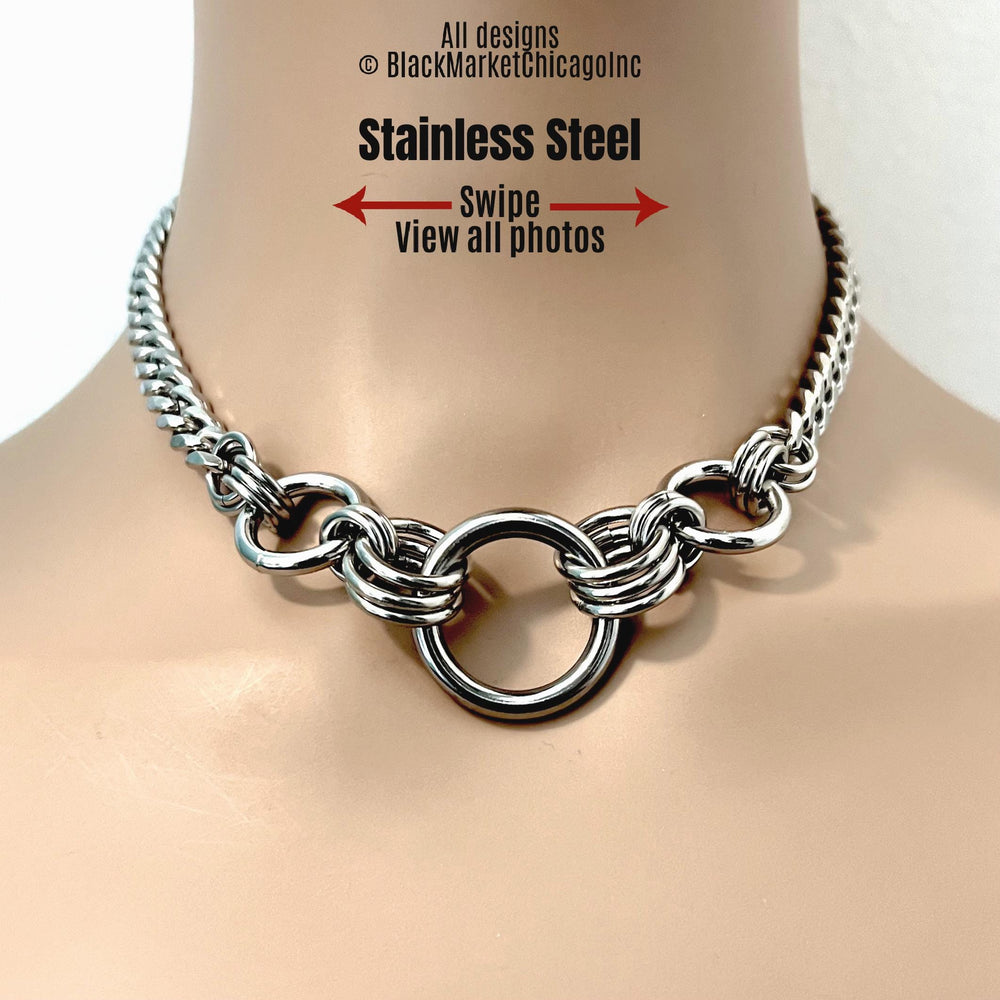 All stainless steel, heavy duty BDSM edgy streetwear O-rings and chunky chain necklace choker, with lobster clasp or permanent locking closure.
