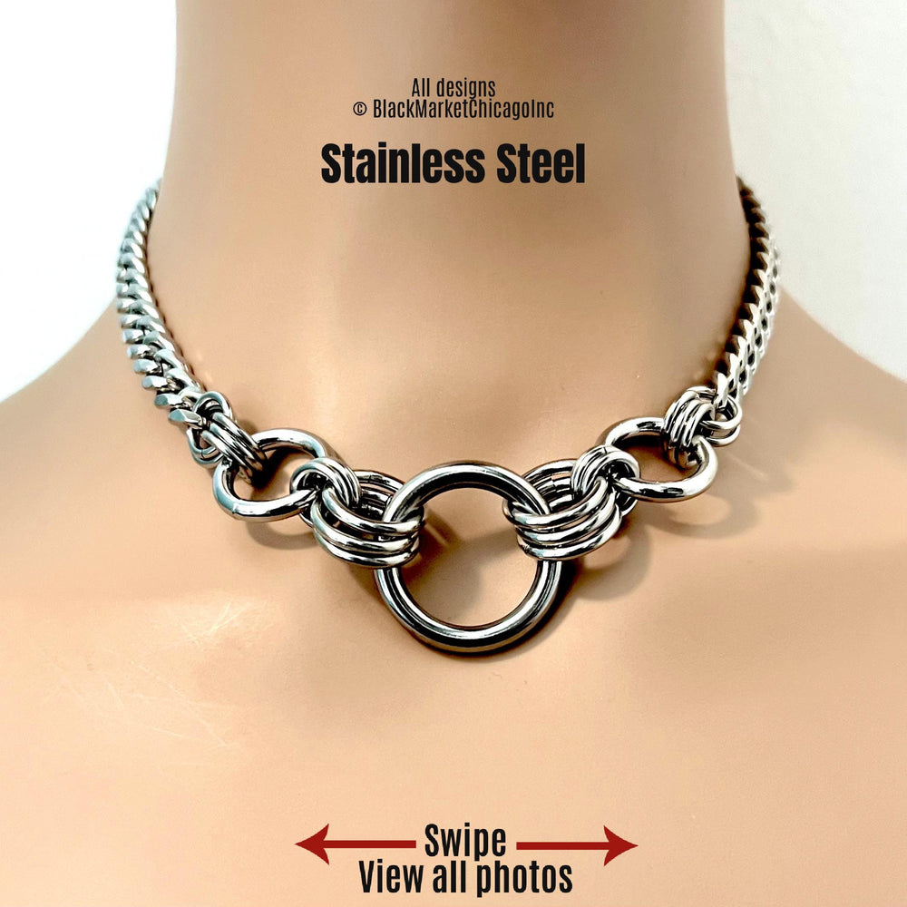 Heavy Metal BDSM Day Collar, Silver Stainless Steel Chunky Chain, Lock Option