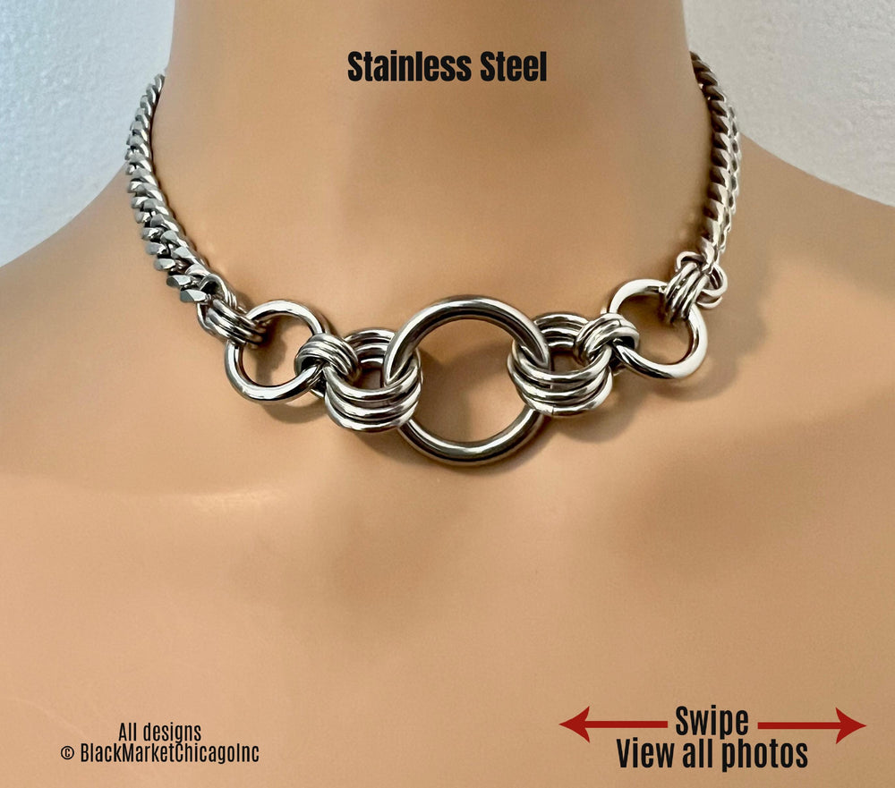 Heavy Metal BDSM Day Collar, Silver Stainless Steel Chunky Chain, Lock Option