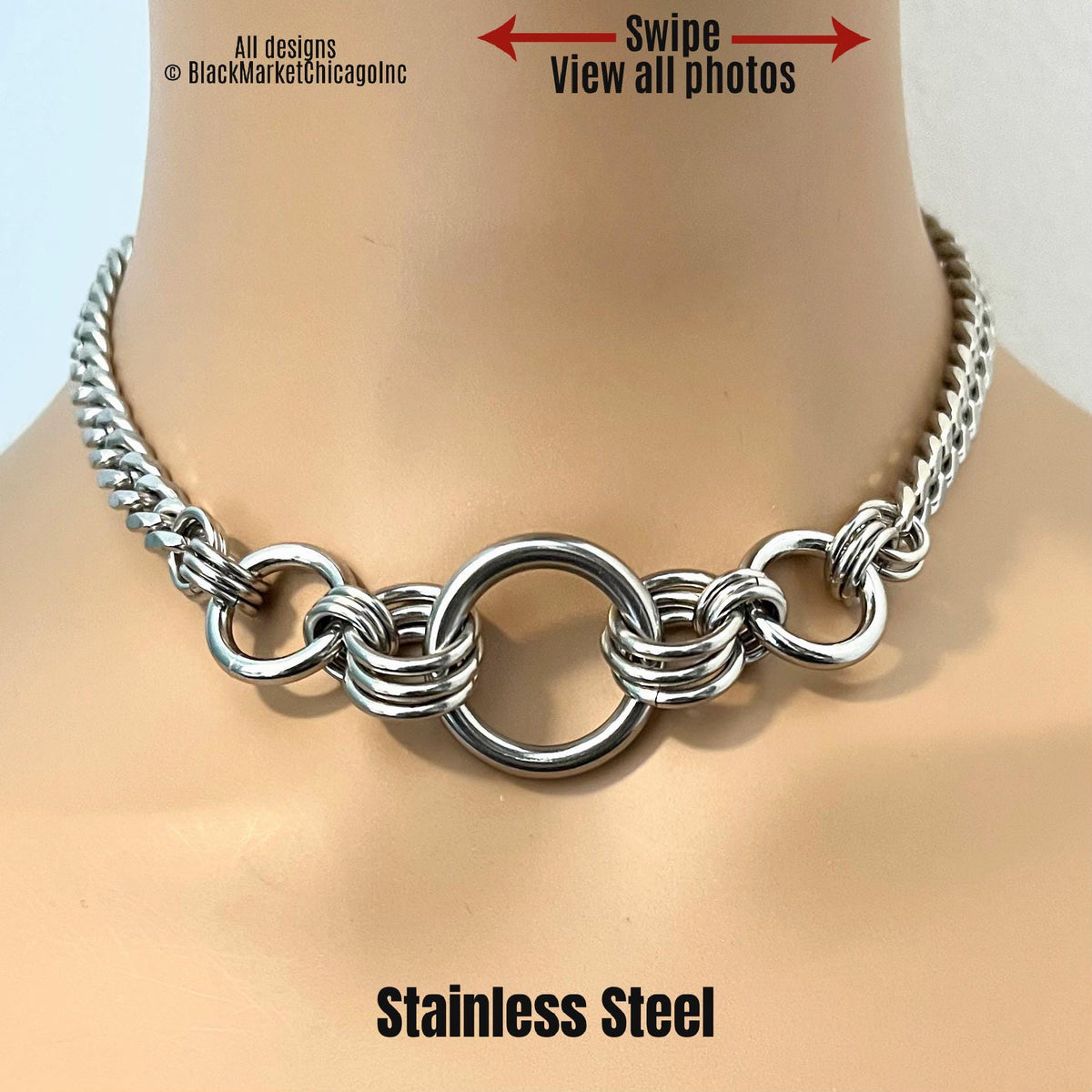 Heavy Metal BDSM Day Collar, Silver Stainless Steel Chunky Chain, Lock Option