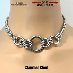 Heavy Metal BDSM Day Collar, Silver Stainless Steel Chunky Chain, Lock Option
