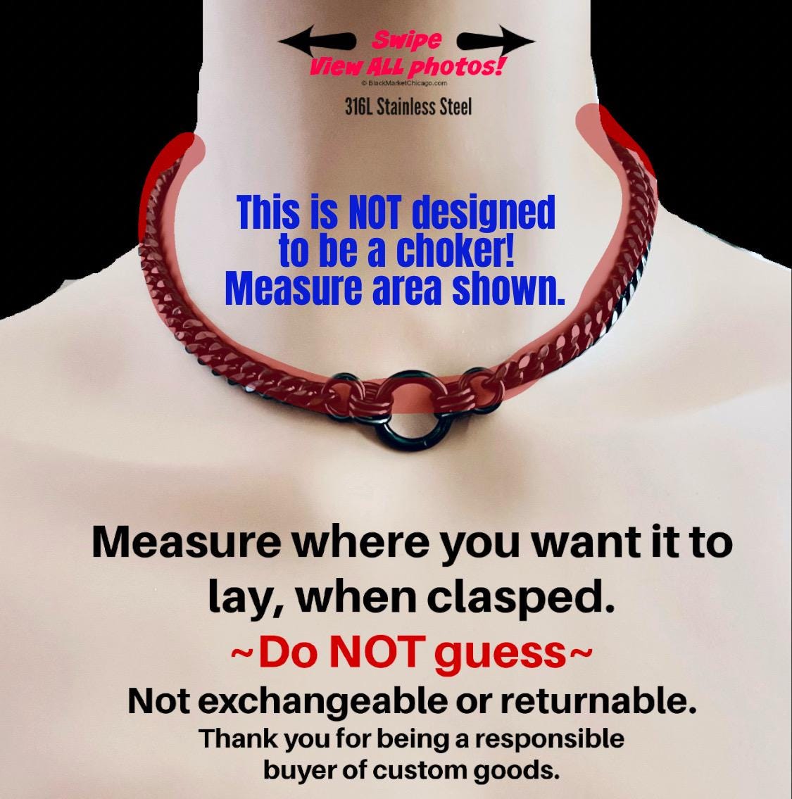 Sub Day Collar, 24-7, Black Chain, Lock option, Stainless Steel