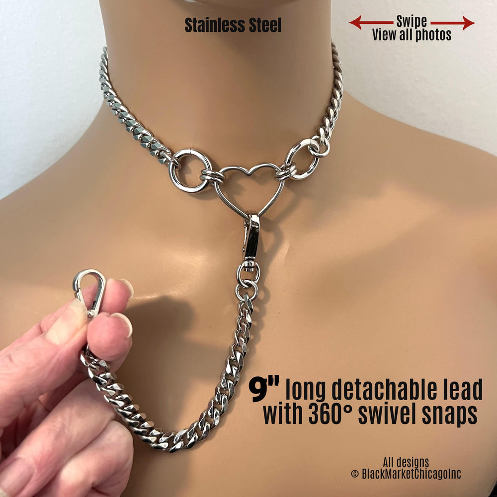 Chain Lead Day Collar, Heart, Rings, Stainless Steel, Industrial Grunge