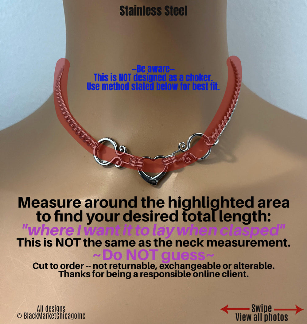 Goth Day Collar, Ornate Stainless Steel, Heart, 24/7, Locking Ring Option