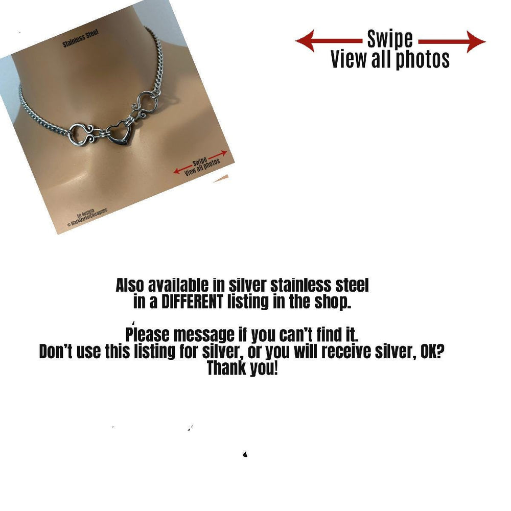 Goth Day Collar, Ornate BLACK Stainless Steel, Heart, 24/7, Locking Ring Option