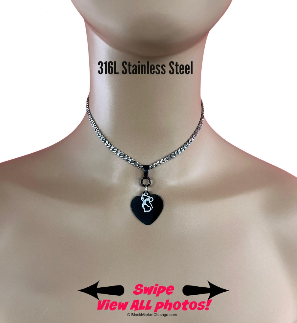Discreet Kitten Pet Play Day Collar Choker 2-Tone Black & Silver 24/7 Wear Stainless Steel Curb Chain Necklace