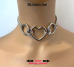 Chunky Grunge Stainless Steel Choker, 24/7 Waterproof, Heart, Rings, Permanent Clasp Option