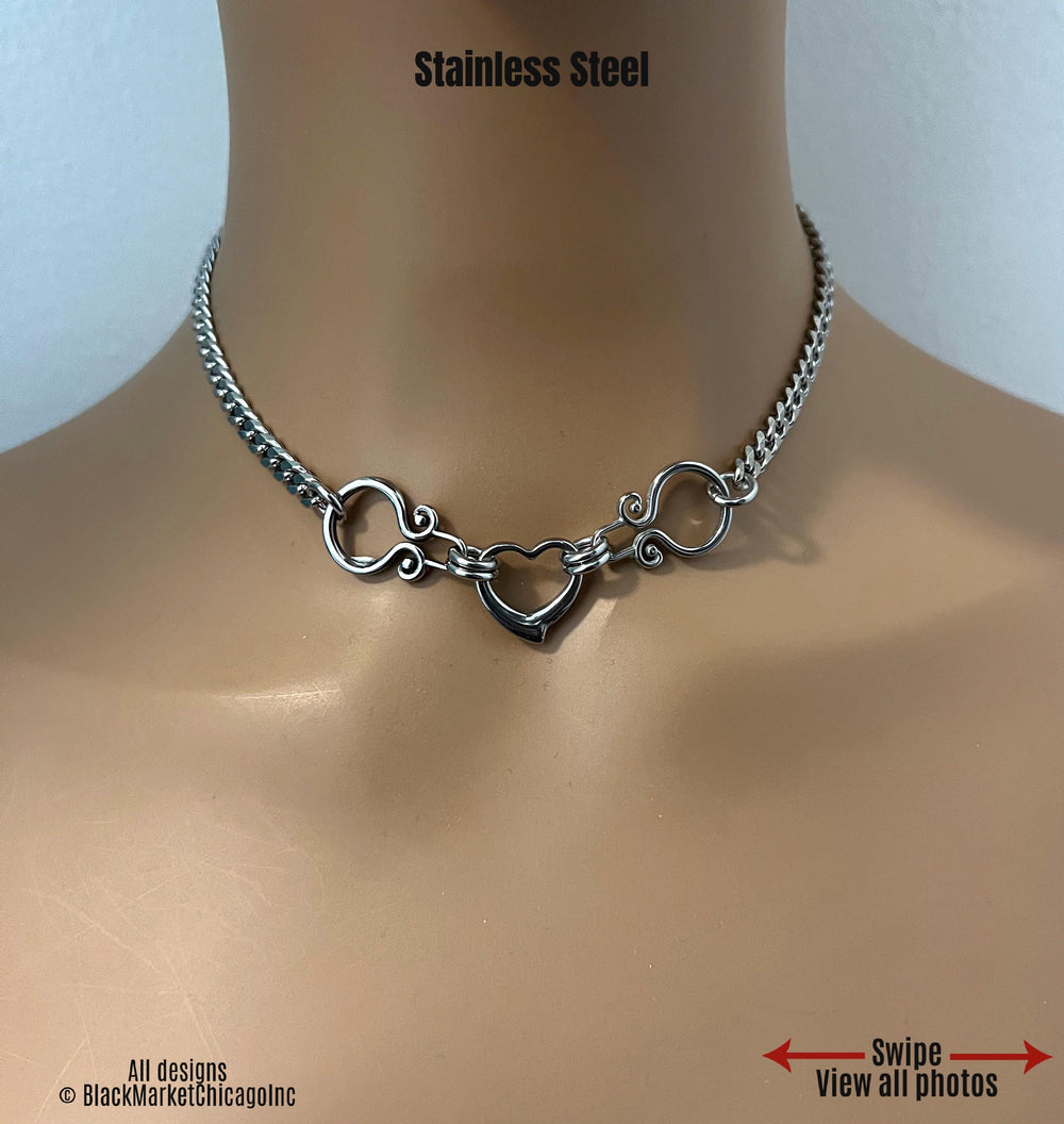 Goth Day Collar, Ornate Stainless Steel, Heart, 24/7, Locking Ring Option