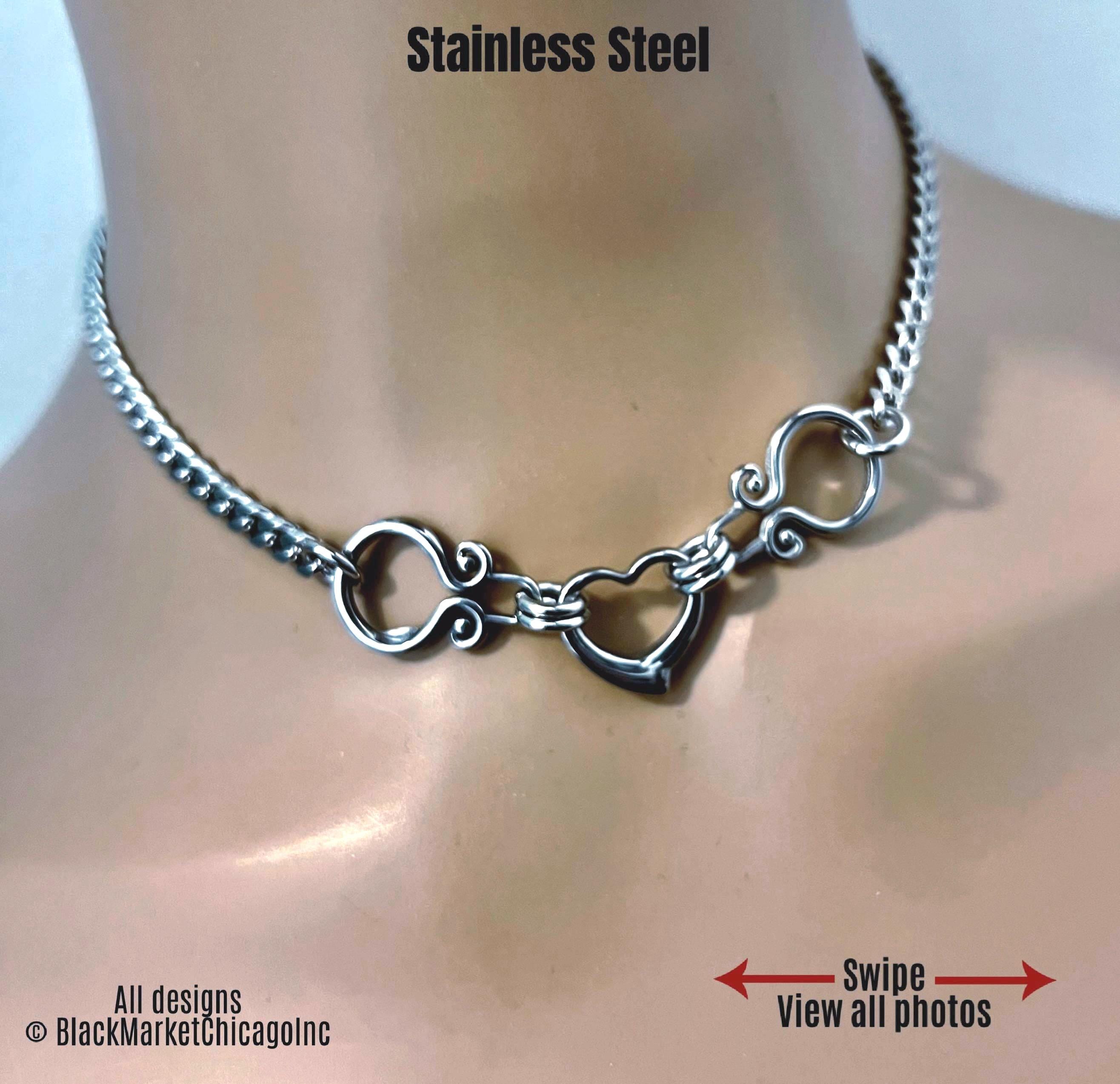 Goth Day Collar, Ornate Stainless Steel, Heart, 24/7, Locking Ring Option